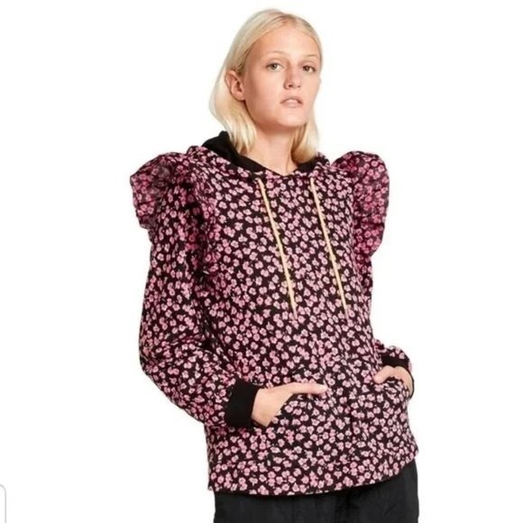Sandy Liang S, M, L, 1X Pink Ditsy Floral Ruffle Hooded Hoodie Sweatshirt Top - Picture 11 of 11